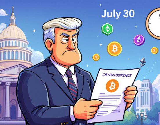 An illustration of a US official holding a significant US crypto report, signaling its potential impact on the cryptocurrency market.