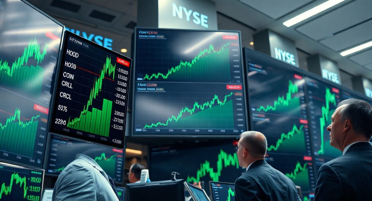 Trading floor screens showing green crypto stock charts and tickers during a market rally
