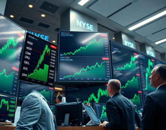 Trading floor screens showing green crypto stock charts and tickers during a market rally