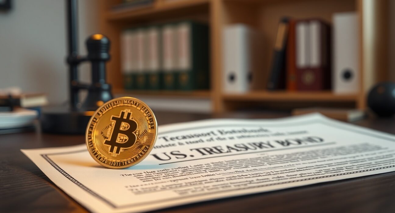 Close-up of U.S. Treasury bond with gold coin and Bitcoin token on desk, symbolizing debt and alternative investments.