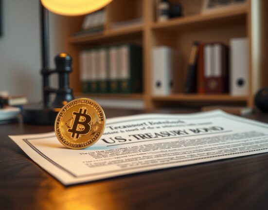 Close-up of U.S. Treasury bond with gold coin and Bitcoin token on desk, symbolizing debt and alternative investments.