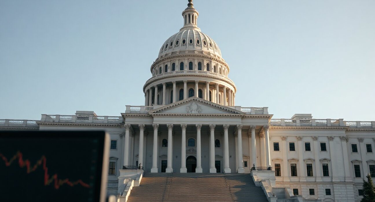 U.S. Capitol building in Washington, D.C., with financial market screens in foreground, representing fiscal and market news.