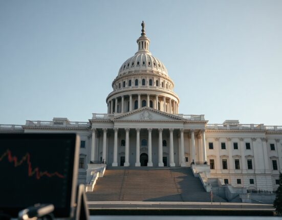 U.S. Capitol building in Washington, D.C., with financial market screens in foreground, representing fiscal and market news.