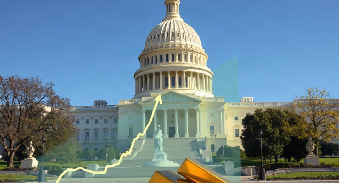US Capitol with gold bars and rising graph symbolizing debt and precious metals rally