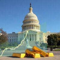 US Capitol with gold bars and rising graph symbolizing debt and precious metals rally