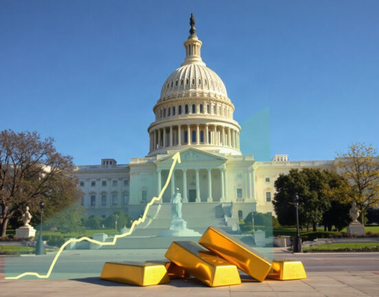 US Capitol with gold bars and rising graph symbolizing debt and precious metals rally
