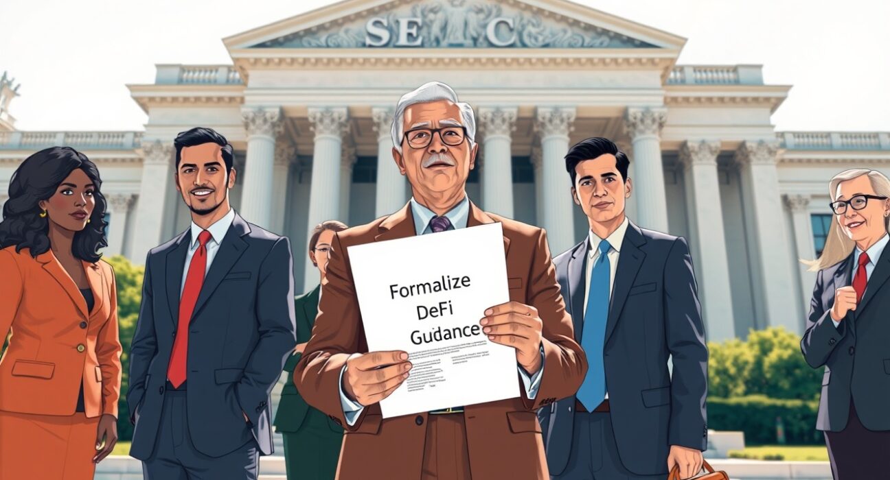 US DeFi coalition representatives meet outside SEC headquarters to demand formalized guidance on DeFi interfaces and broker-dealer rules.
