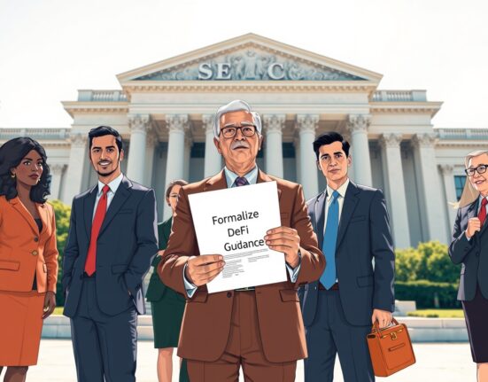 US DeFi coalition representatives meet outside SEC headquarters to demand formalized guidance on DeFi interfaces and broker-dealer rules.