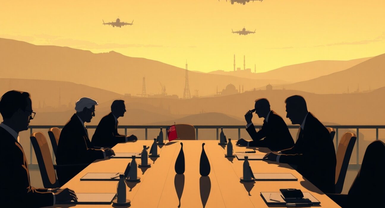 Illustration of high-stakes US-Iran nuclear negotiations in Geneva with military tensions rising.