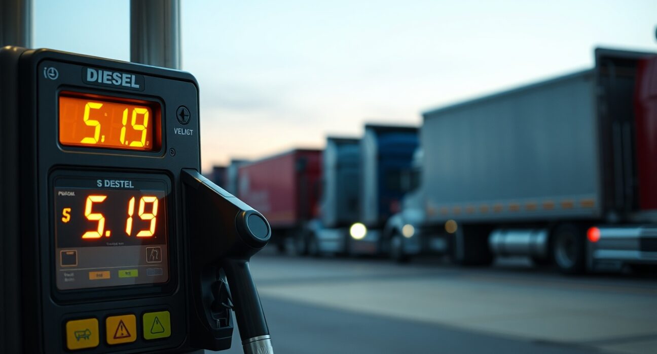 Diesel fuel pump showing price over $5 per gallon at a truck stop, highlighting current energy cost pressures.