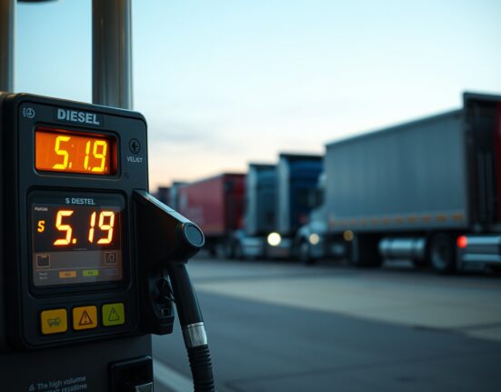Diesel fuel pump showing price over $5 per gallon at a truck stop, highlighting current energy cost pressures.