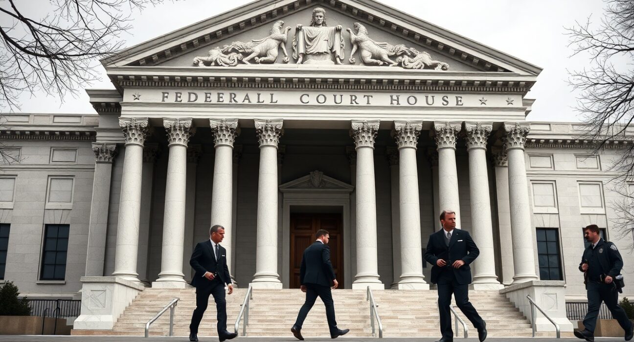 Federal courthouse exterior with law enforcement escorting a defendant in a criminal case