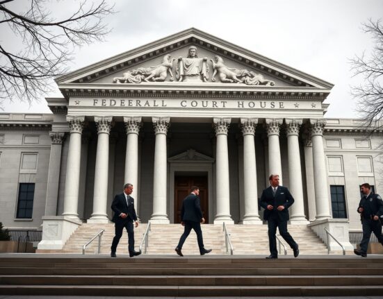 Federal courthouse exterior with law enforcement escorting a defendant in a criminal case