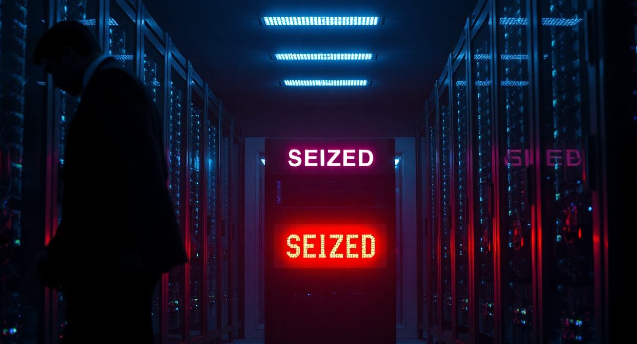 Seized server rack in a dimly lit data center, representing US DOJ action against Huione Guarantee.