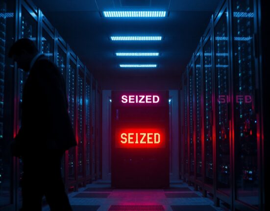 Seized server rack in a dimly lit data center, representing US DOJ action against Huione Guarantee.