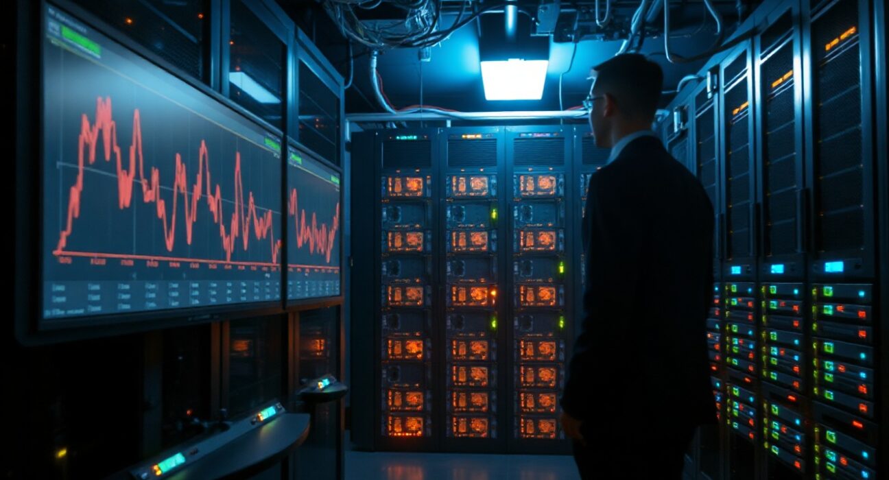 Dimly lit server room with law enforcement monitoring blockchain transaction data in a cryptocurrency crime investigation.