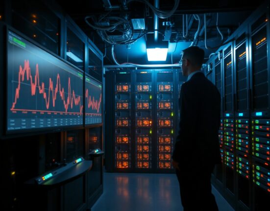 Dimly lit server room with law enforcement monitoring blockchain transaction data in a cryptocurrency crime investigation.