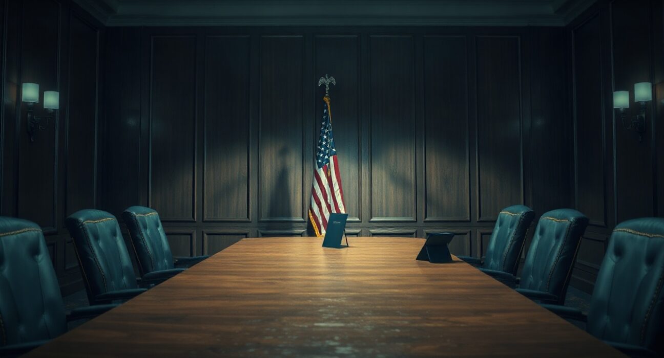 Empty negotiation table with American flag, representing failed US-Iran talks and market uncertainty