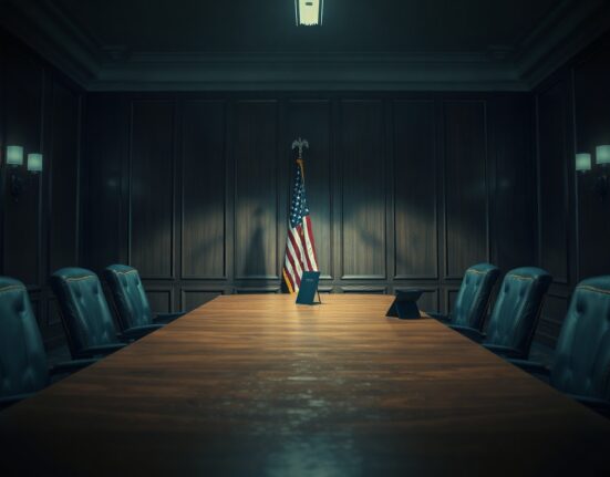 Empty negotiation table with American flag, representing failed US-Iran talks and market uncertainty