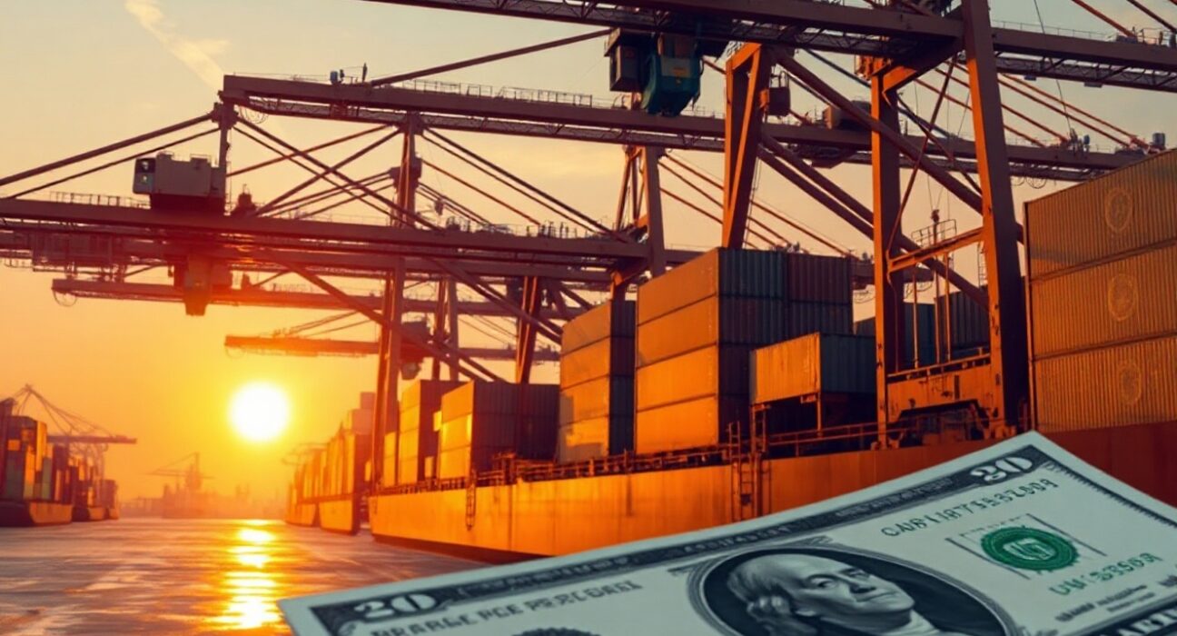 Automated cranes unloading cargo at a modern port with US Dollar bills in foreground, representing AI-driven trade and currency impact.
