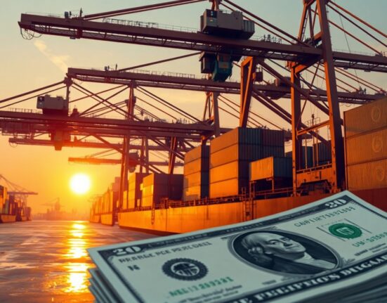 Automated cranes unloading cargo at a modern port with US Dollar bills in foreground, representing AI-driven trade and currency impact.