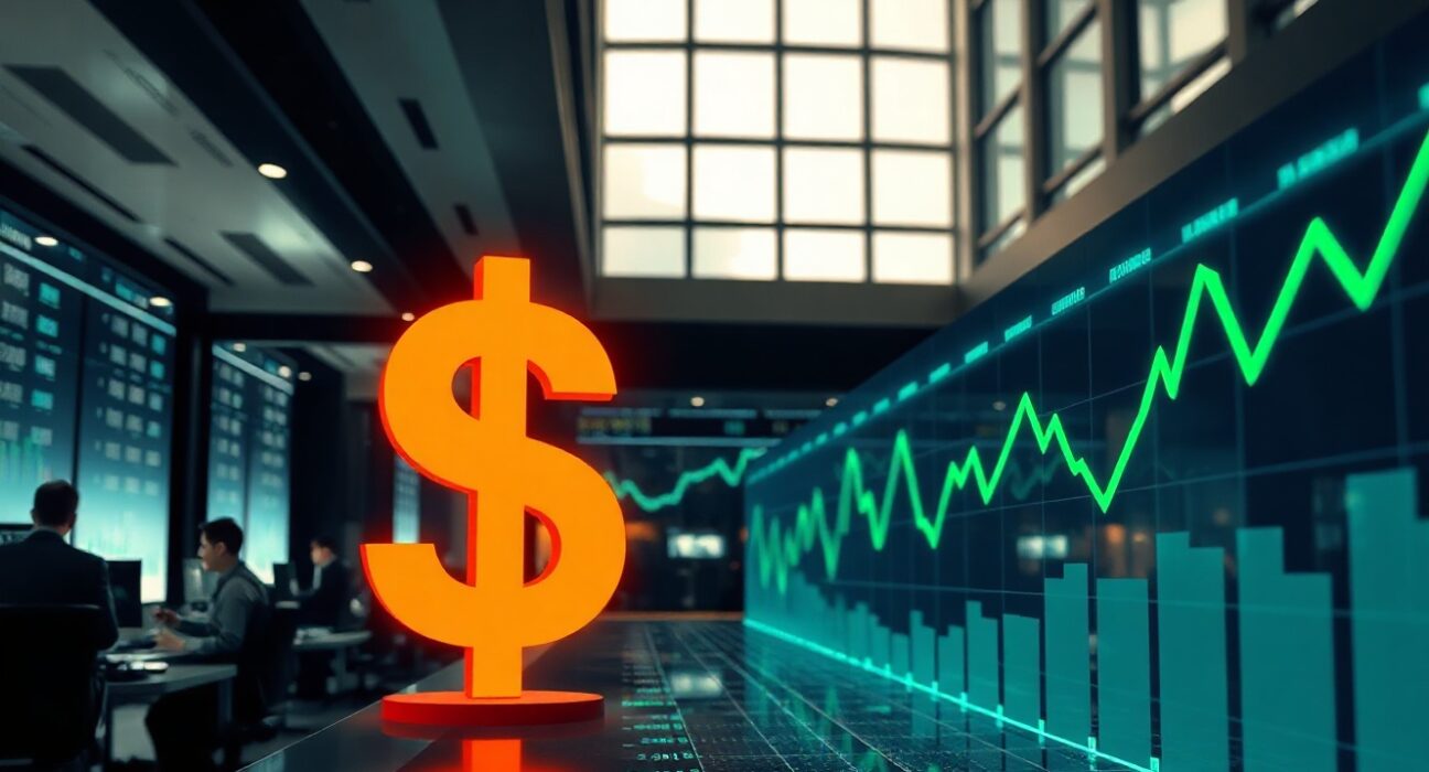 Digital display showing US Dollar symbol and AI-related data charts on a modern trading floor