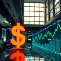 Digital display showing US Dollar symbol and AI-related data charts on a modern trading floor