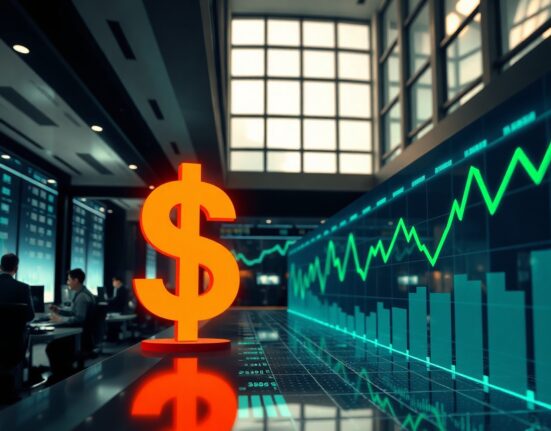 Digital display showing US Dollar symbol and AI-related data charts on a modern trading floor