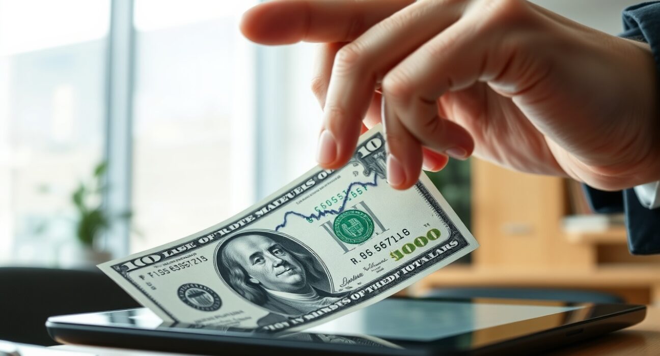 Analyst examining US dollar and financial chart for Fed rate hike analysis.