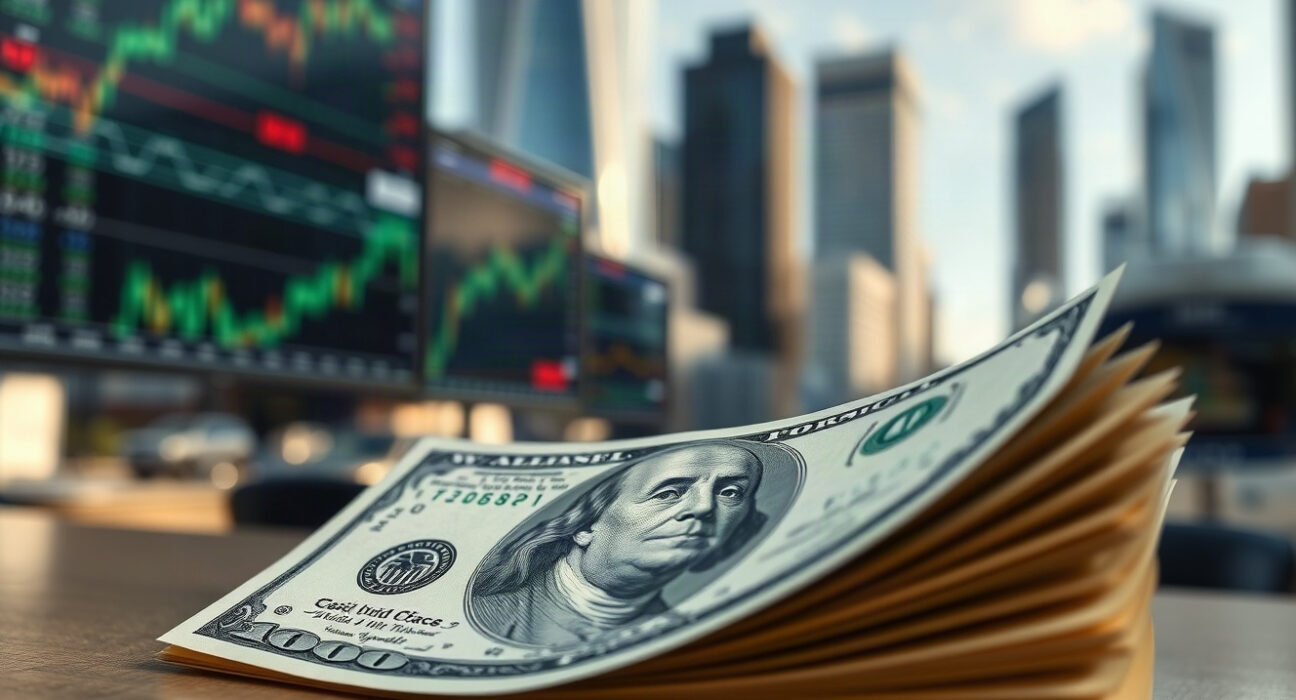 US dollar banknote with financial district in background, symbolizing currency market analysis.
