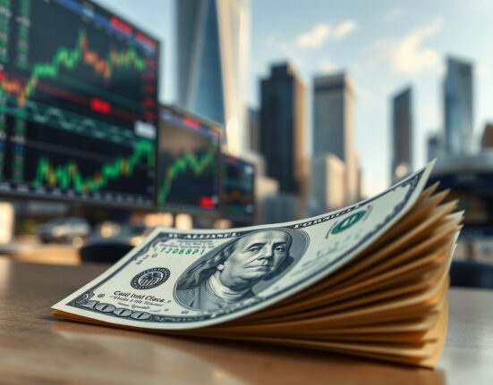 US dollar banknote with financial district in background, symbolizing currency market analysis.