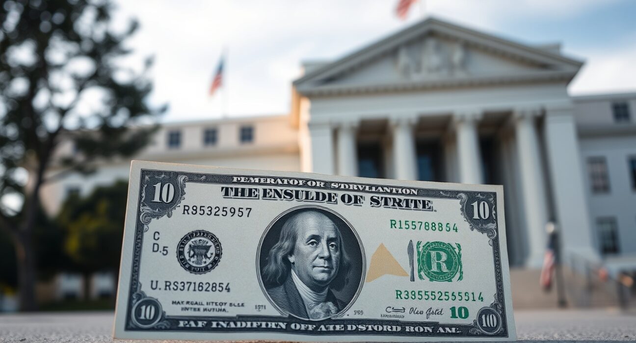 US dollar banknote in foreground with Federal Reserve building in background, representing currency and monetary policy analysis