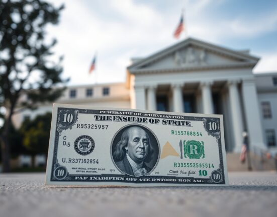 US dollar banknote in foreground with Federal Reserve building in background, representing currency and monetary policy analysis