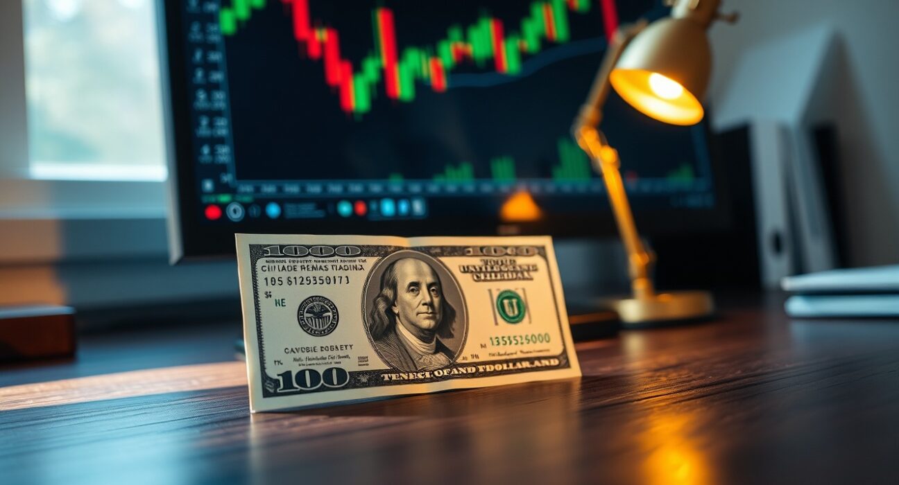 U.S. dollar banknote on desk with forex chart in background