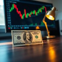U.S. dollar banknote on desk with forex chart in background