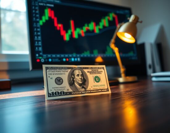 U.S. dollar banknote on desk with forex chart in background