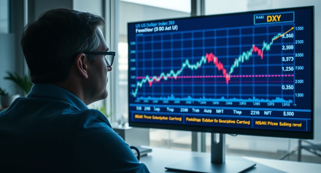 Financial analyst monitoring US Dollar index and bond market charts on a screen