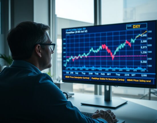 Financial analyst monitoring US Dollar index and bond market charts on a screen