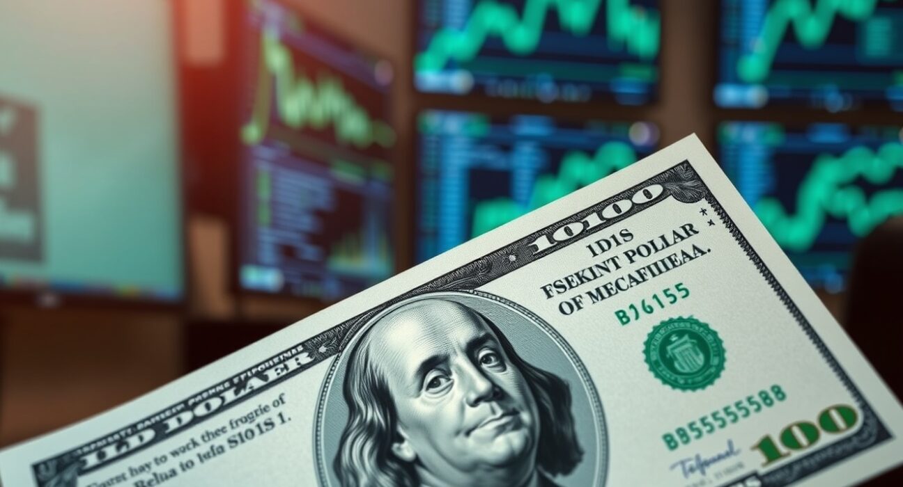 Close-up of a US dollar bill with a blurred trading desk background, representing currency analysis.