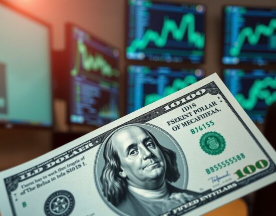 Close-up of a US dollar bill with a blurred trading desk background, representing currency analysis.