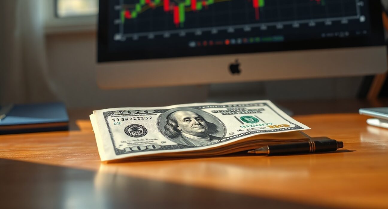 US Dollar banknote on desk with financial chart in background