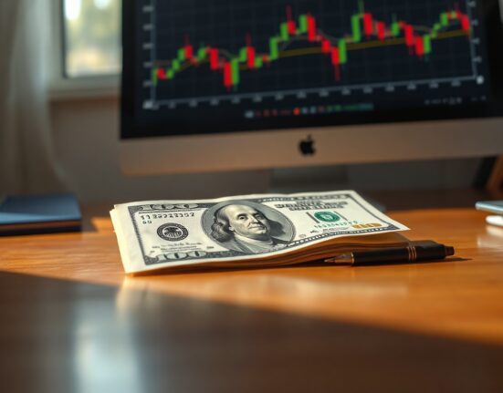 US Dollar banknote on desk with financial chart in background