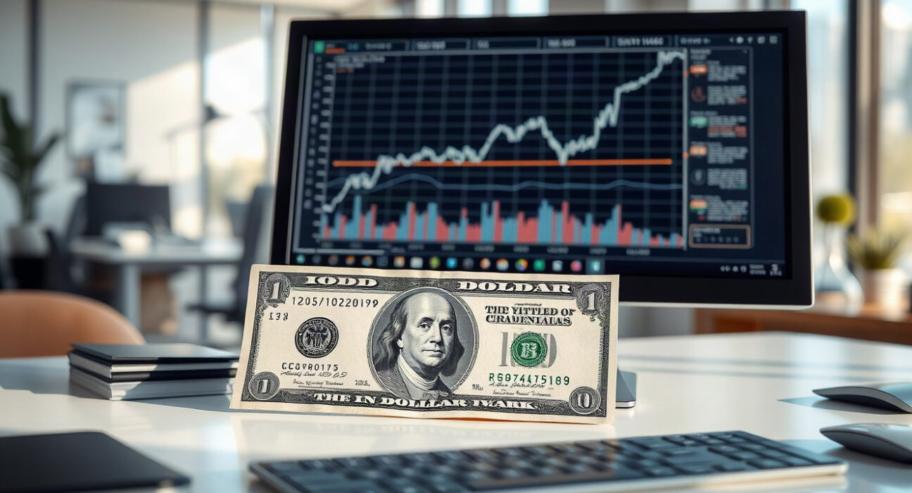 US dollar banknote with financial charts on a desk, representing currency market analysis