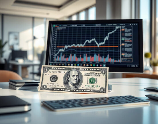 US dollar banknote with financial charts on a desk, representing currency market analysis
