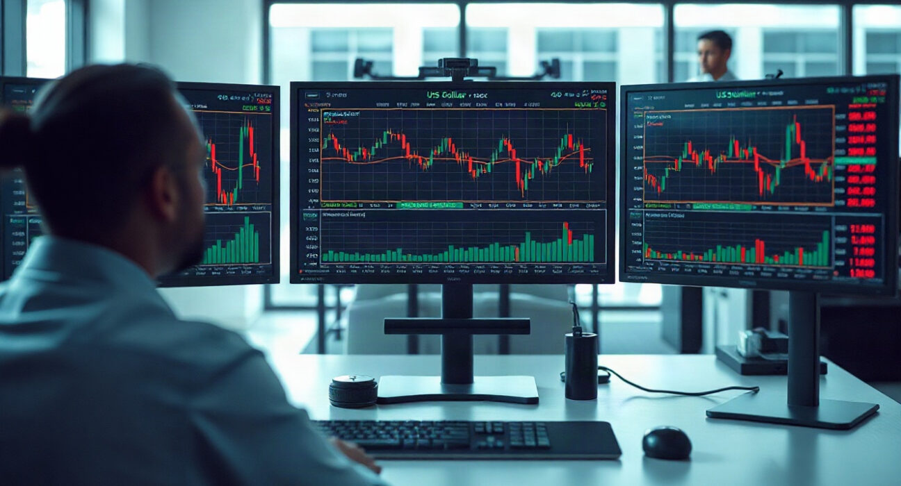 Trading monitors showing US dollar charts and forex data on a desk