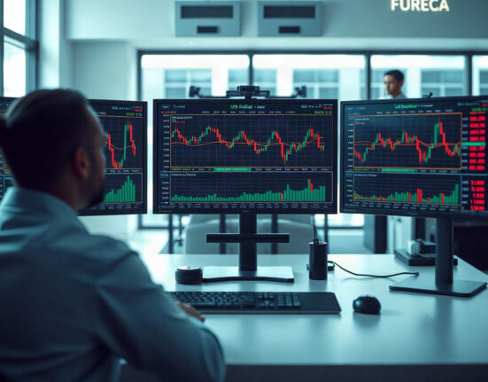 Trading monitors showing US dollar charts and forex data on a desk