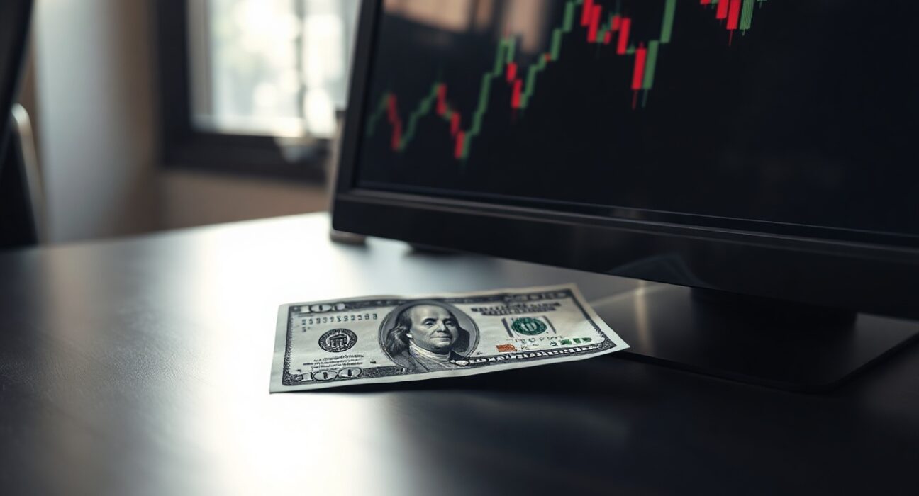 US dollar banknote and financial chart on desk, symbolizing currency market analysis