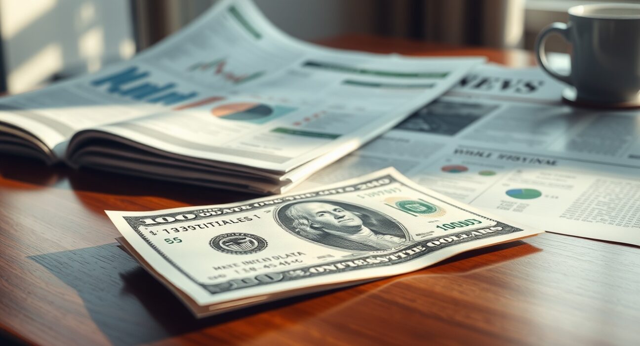 US dollar bill on desk with financial newspaper showing inflation charts