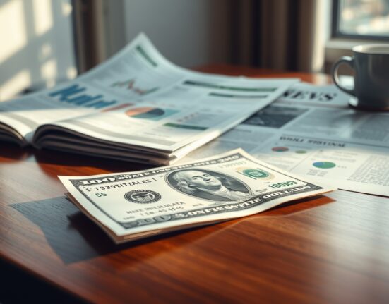 US dollar bill on desk with financial newspaper showing inflation charts