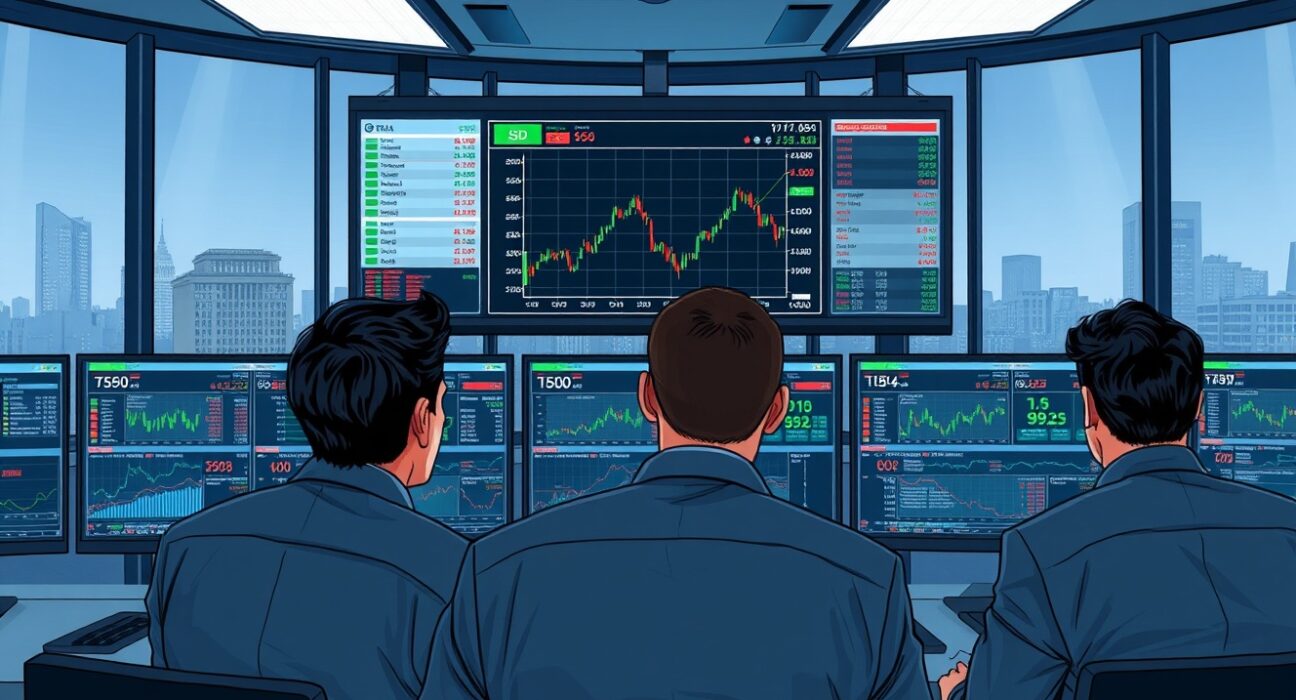Financial analysts monitor USD index charts and global news, representing HSBC's conflict-driven dollar risk analysis.